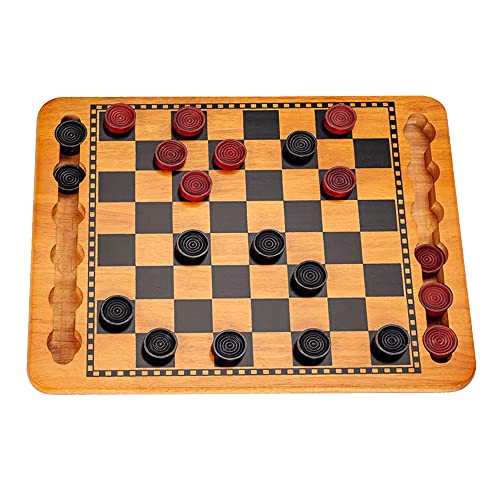 Solid Wood Checkers Set - Red & Black Traditional Style with Grooves for Wooden Pieces